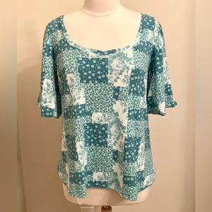LC Lauren Conrad Green White Floral Patchwork Puff Short Sleeve Casual Top XXL